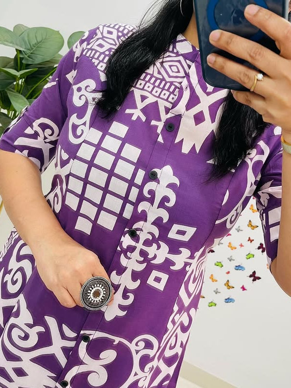 Purple Cotton A-Line Printed Co-ord Set