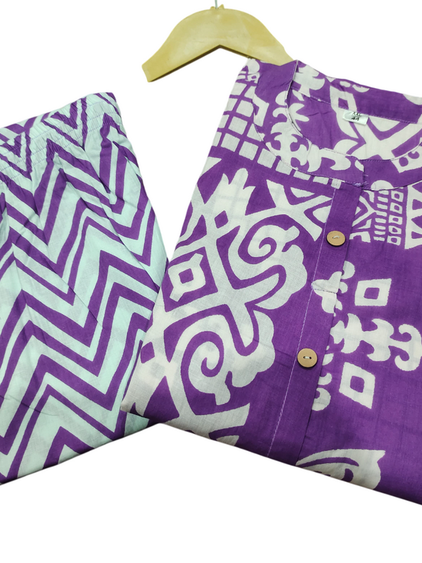 Purple Cotton A-Line Printed Co-ord Set