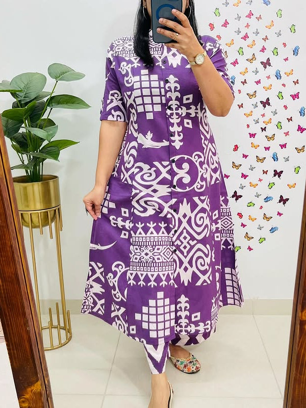 Purple Cotton A-Line Printed Co-ord Set