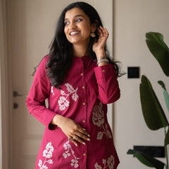 Embroidery Work Cotton Flex Magenta Co_ord Set