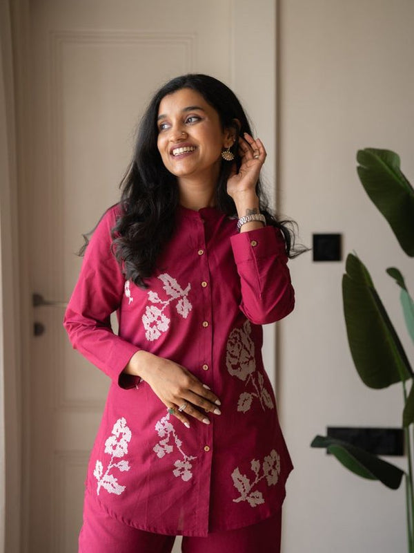 Embroidery Work Cotton Flex Magenta Co_ord Set