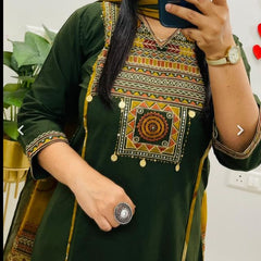 Embroidery Work Green Cotton Suit Set