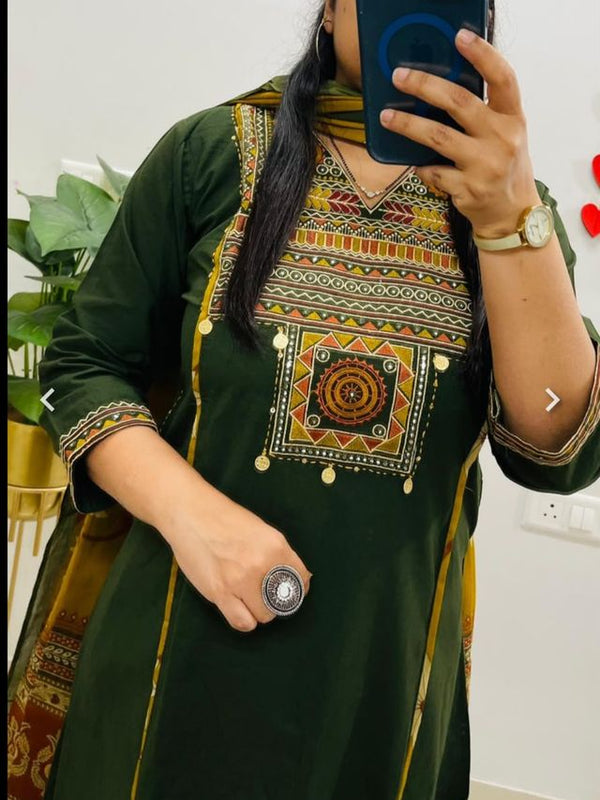 Embroidery Work Green Cotton Suit Set