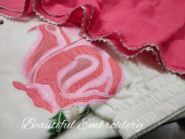 Embroideried Katha Work Off-White Cotton Suit Set