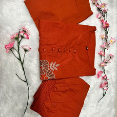 Embroidery Work Orange Cotton Suit Set