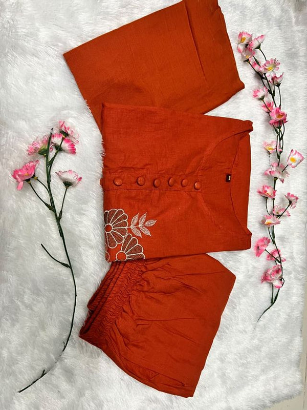 Embroidery Work Orange Cotton Suit Set