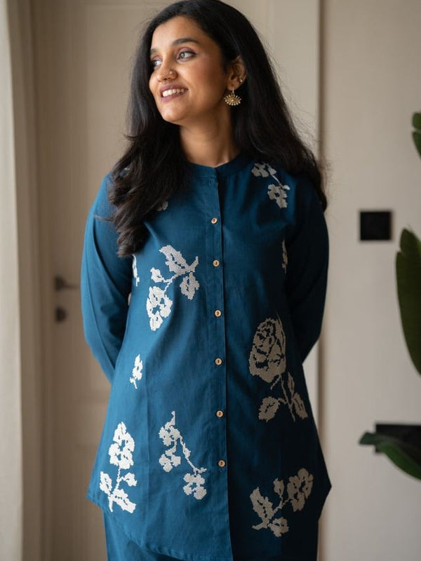 Embroidery Work Cotton Flex Teal Blue Co_ord Set