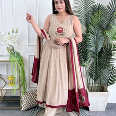 Designer Embroidery Work Beige Color Suit Set