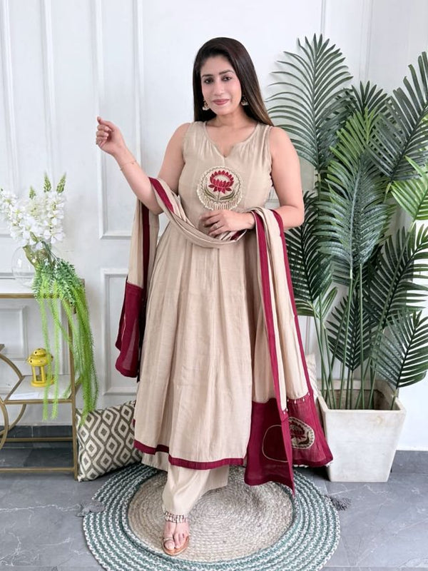 Designer Embroidery Work Beige Color Suit Set