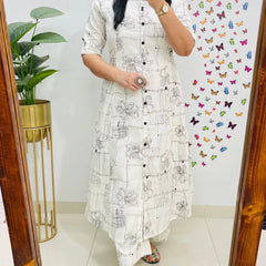 Black Printed White Cotton Kurti & Palazzo Set