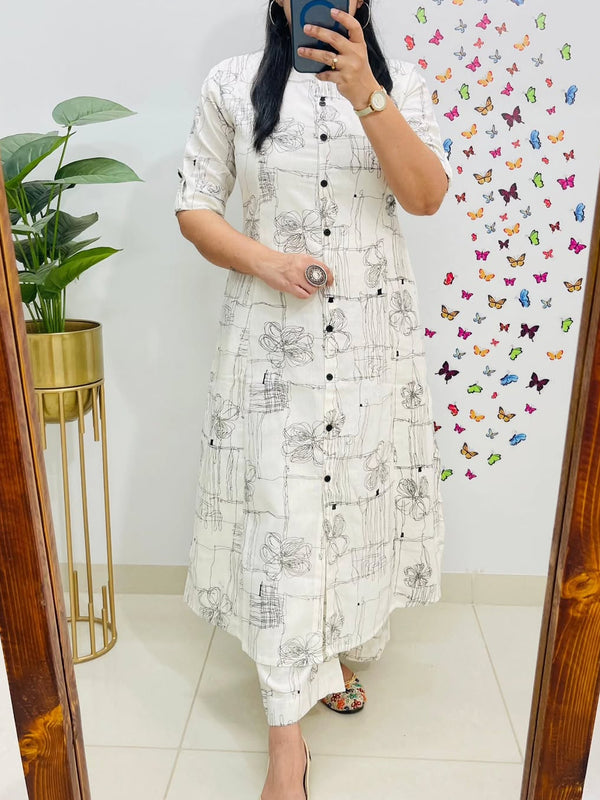 Black Printed White Cotton Kurti & Palazzo Set
