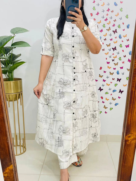 Black Printed White Cotton Kurti & Palazzo Set