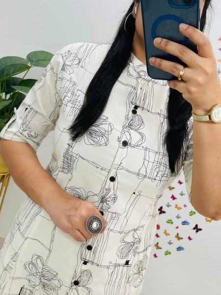 Black Printed White Cotton Kurti & Palazzo Set