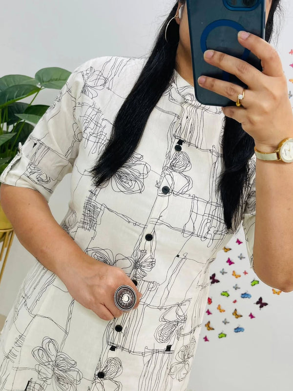 Black Printed White Cotton Kurti & Palazzo Set