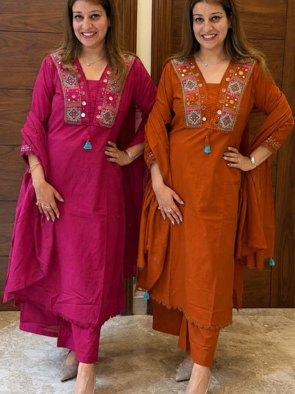Beautiful Designer Magenta Color Cotton Suit Set