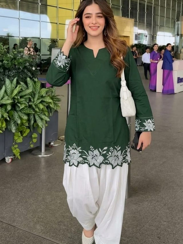 Embroidery Work Dark Green Cotton Farshi Salwar Set
