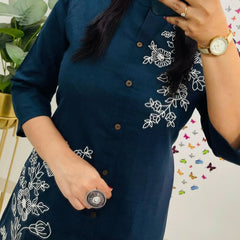 Blue Cotton Slub A-Line Embroidery Work Co-ord Set