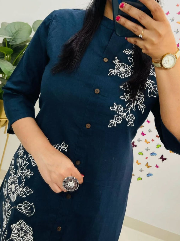 Blue Cotton Slub A-Line Embroidery Work Co-ord Set