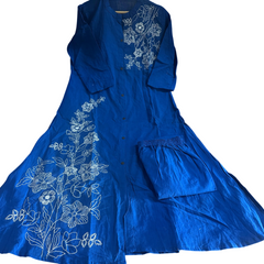 Blue Cotton Slub A-Line Embroidery Work Co-ord Set