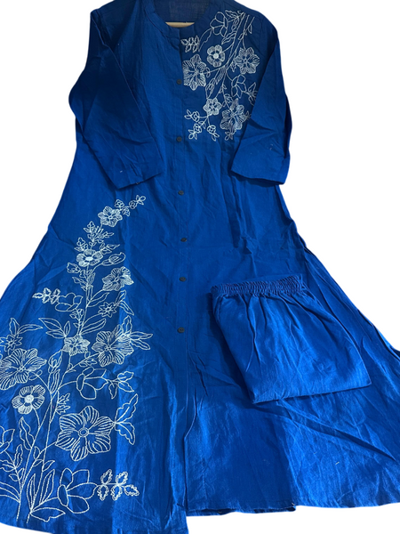 Blue Cotton Slub A-Line Embroidery Work Co-ord Set