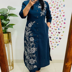 Blue Cotton Slub A-Line Embroidery Work Co-ord Set