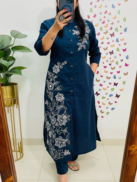 Blue Cotton Slub A-Line Embroidery Work Co-ord Set