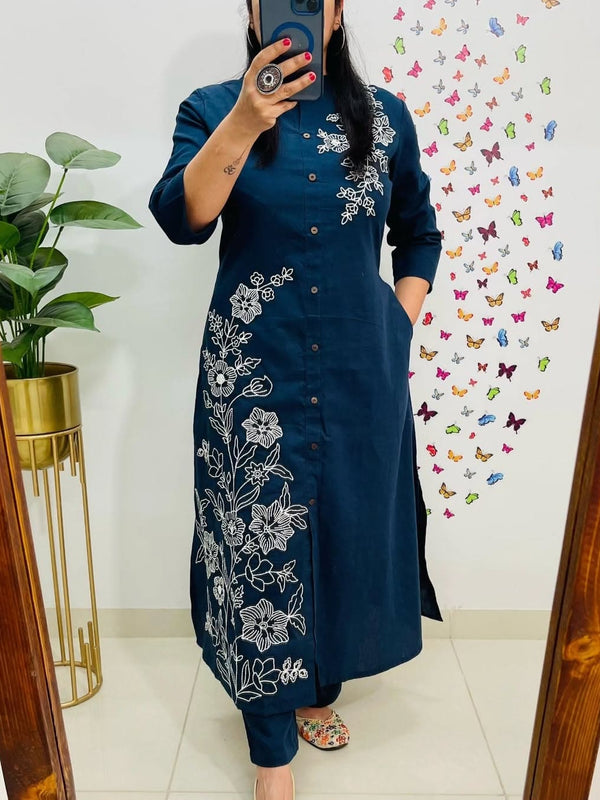 Blue Cotton Slub A-Line Embroidery Work Co-ord Set