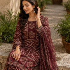 Beautiful Printed Maroon Cotton Gopi Dress Set