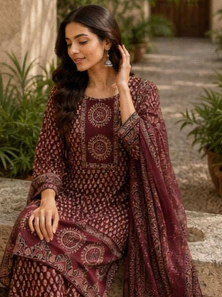 Beautiful Printed Maroon Cotton Gopi Dress Set