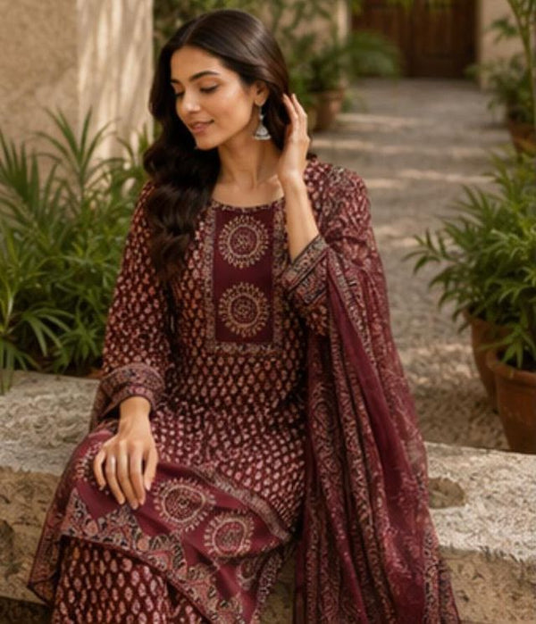 Beautiful Printed Maroon Cotton Gopi Dress Set