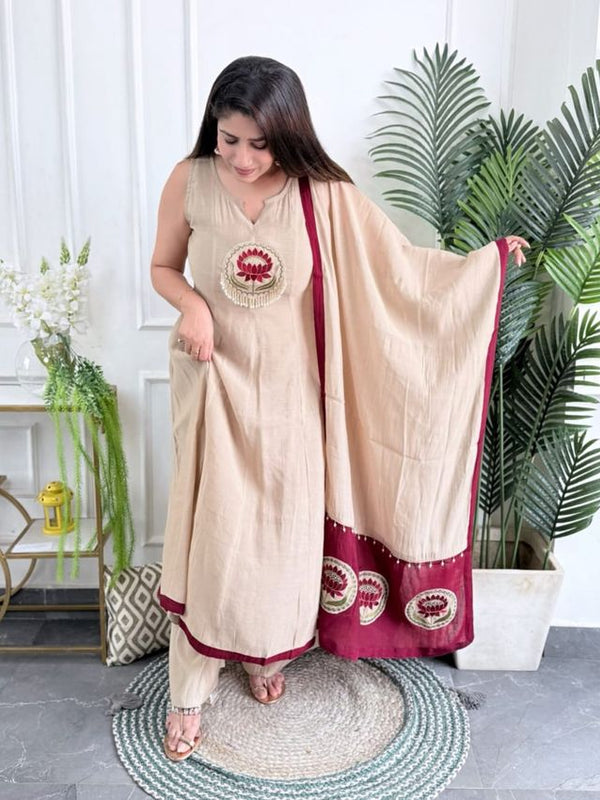 Designer Embroidery Work Beige Color Suit Set