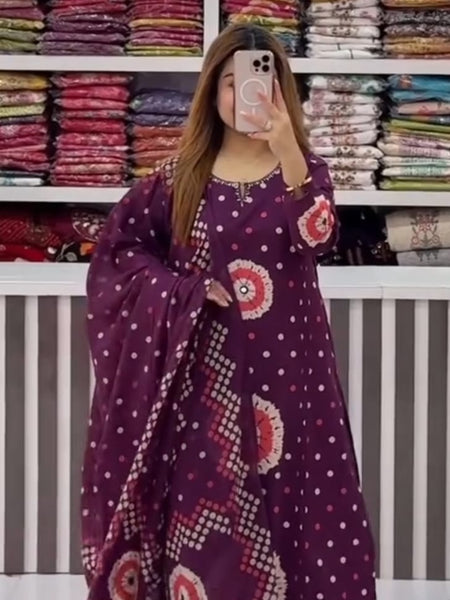 Purple Color Discharge Print Suit Set