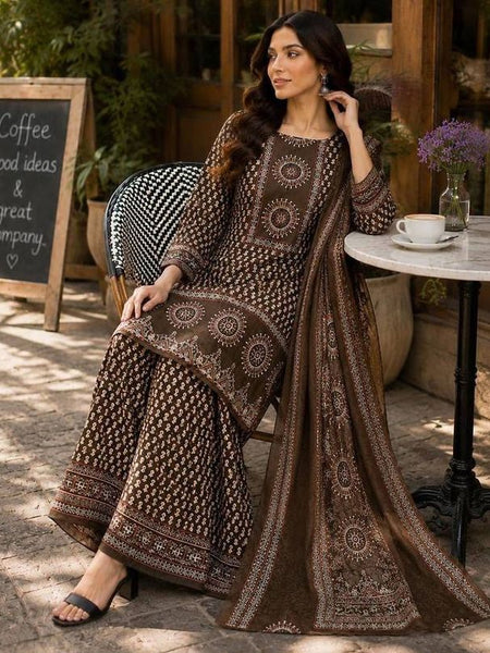Beautiful Printed Brown Cotton Gopi Dress Set