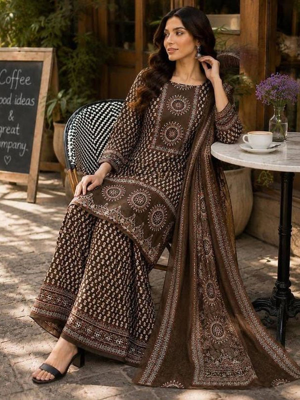 Beautiful Printed Brown Cotton Gopi Dress Set