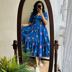 Blue Cotton Embroidered Midi Kurti