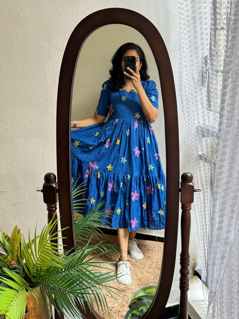 Blue Cotton Embroidered Midi Kurti