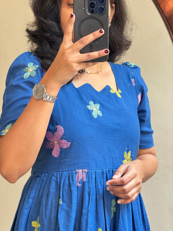 Blue Cotton Embroidered Midi Kurti