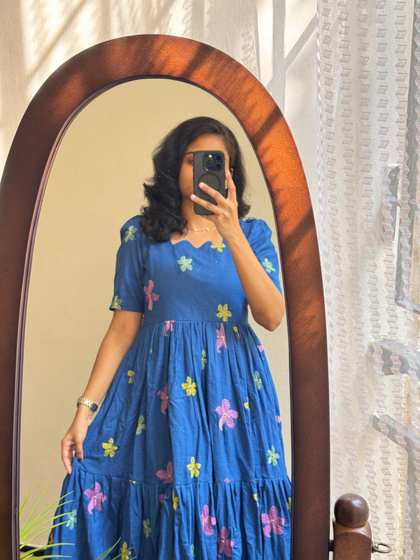 Blue Cotton Embroidered Midi Kurti