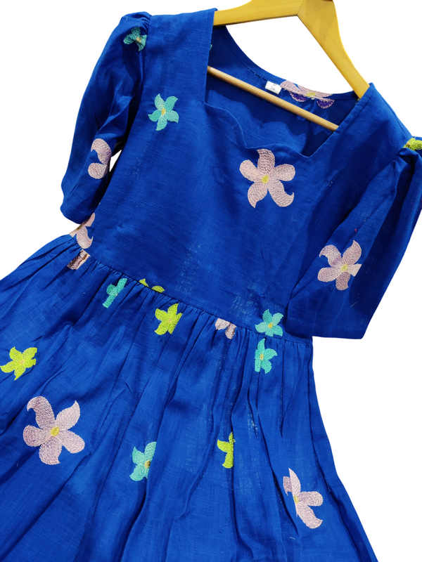 Blue Cotton Embroidered Midi Kurti