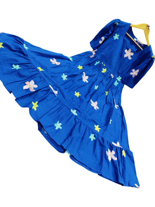 Blue Cotton Embroidered Midi Kurti