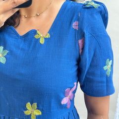 Blue Cotton Embroidered Midi Kurti