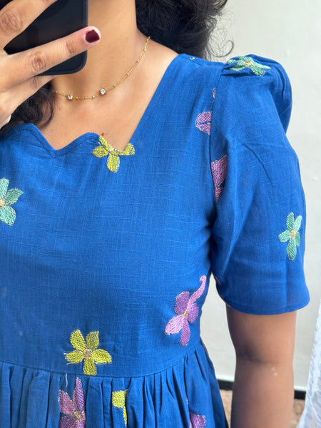 Blue Cotton Embroidered Midi Kurti