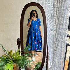 Blue Cotton Embroidered Midi Kurti