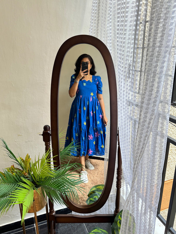 Blue Cotton Embroidered Midi Kurti
