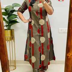Brown Cotton A-Line Printed Co-ord Set