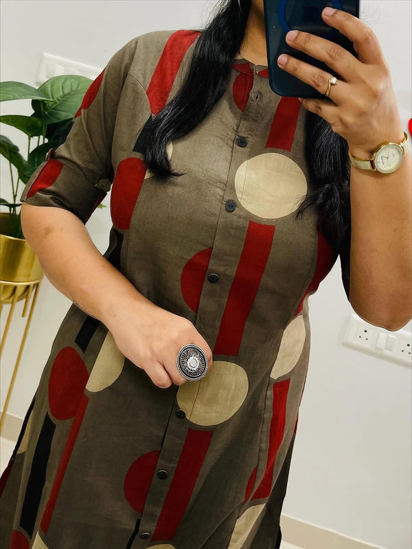 Brown Cotton A-Line Printed Co-ord Set