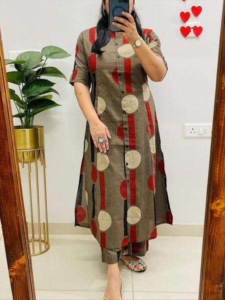 Brown Cotton A-Line Printed Co-ord Set