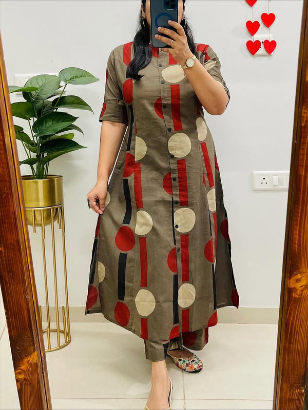 Brown Cotton A-Line Printed Co-ord Set