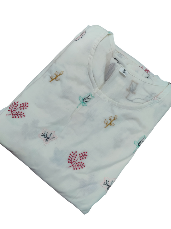 Beautiful Embroidered White Cotton Midi Kurti