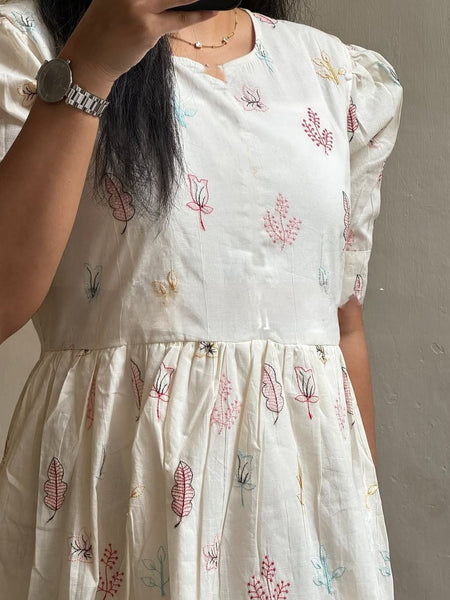 Beautiful Embroidered White Cotton Midi Kurti